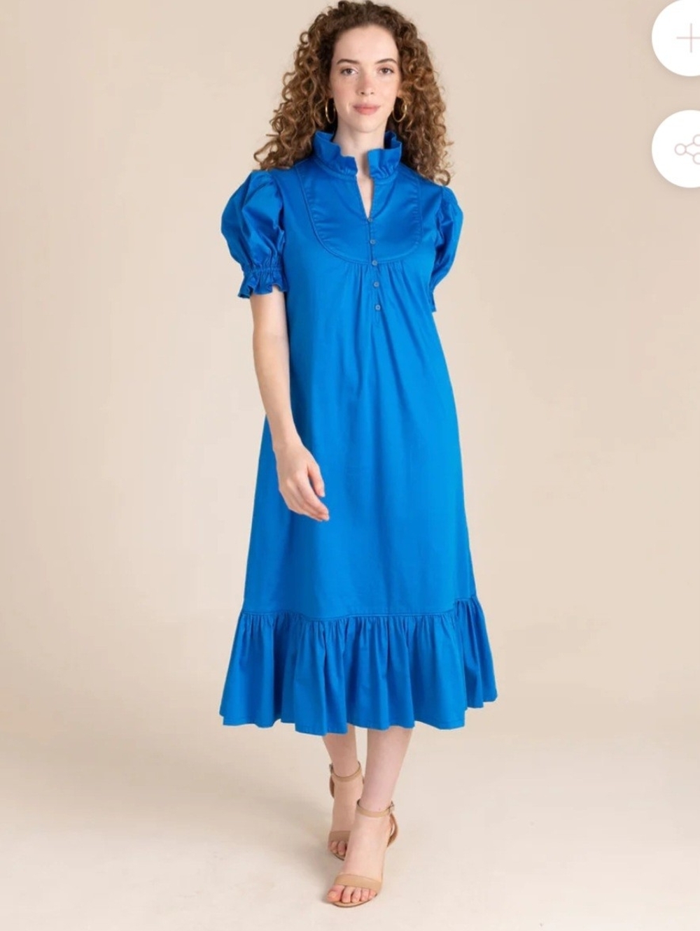 $268 S'edge Blue Puff-Sleeve Midi Dress with Ruffle Hem, Large